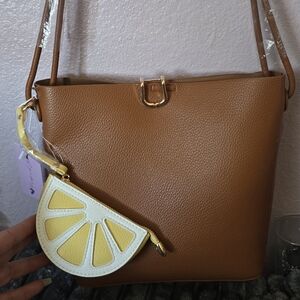 Tan Leather Crossbody Bag with Yellow Lemon Coin Pouch